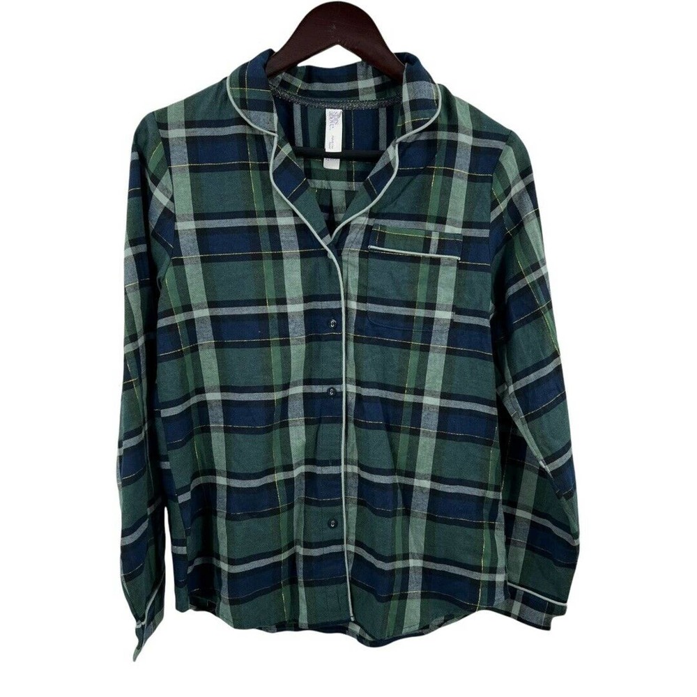 Stars‎ Above Green Plaid Flannel Pajama Top Size XS New